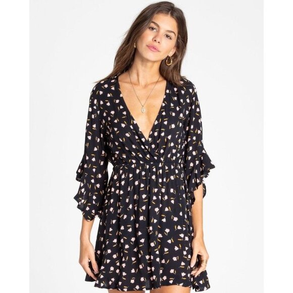 Billabong M LOVE LIGHT Golden Hour Floral Print Mini Dress Ruffled Flounce Sleev - Picture 8 of 8